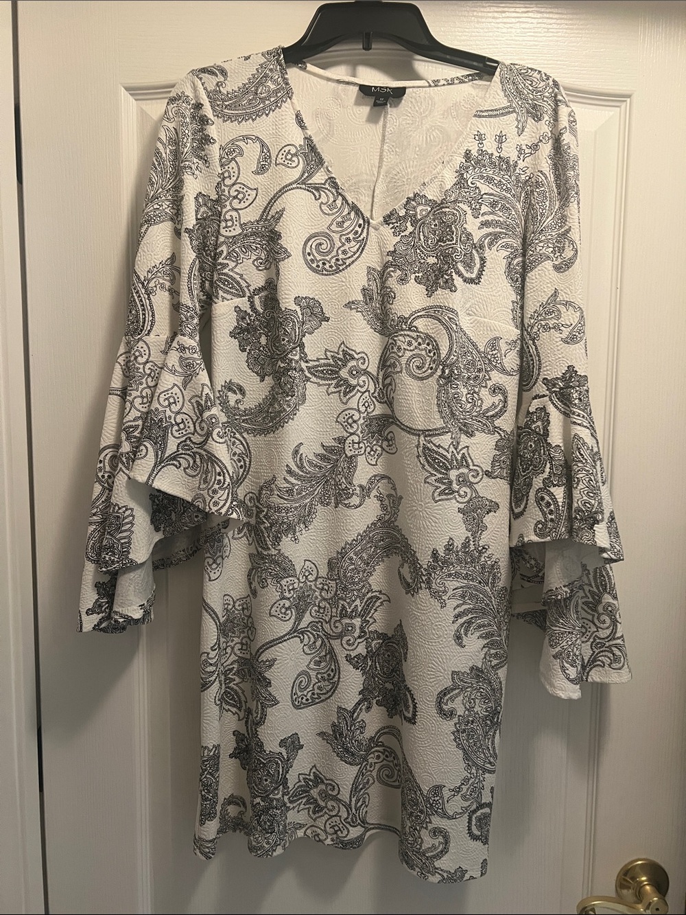 MSK White Dress with Gray Paisley Print and Layered Bell Sleeves